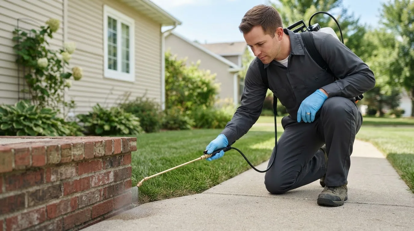 Pest control technician treating a home near Mendon, IL