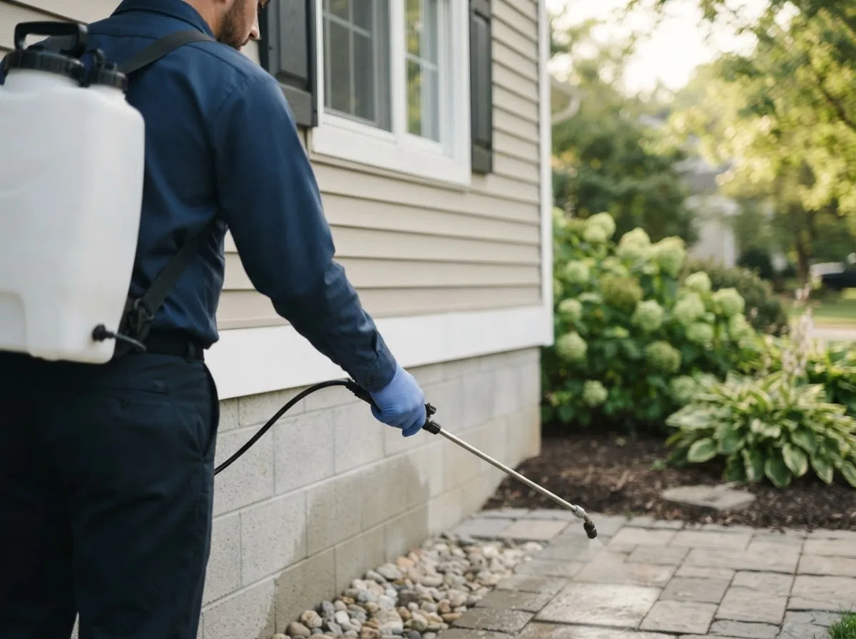 Pest control technician inspecting a home in Mendon, IL